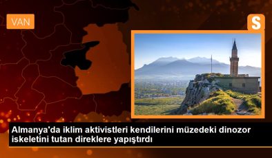 Almanya’da iklim aktivistleri kendilerini müzedeki dinozor iskeletini tutan direklere yapıştırdı